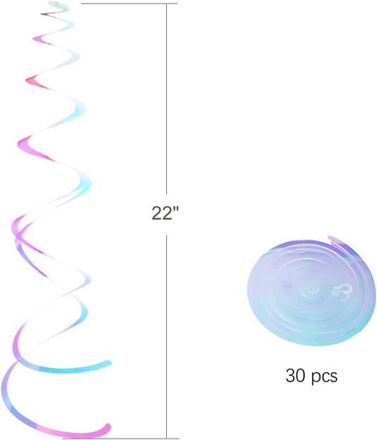 MISU Iridescent White Hanging Swirl Streamers - Sparkly Transparent Plastic Ceiling Decor for Kids Birthday Parties - Pack of 30