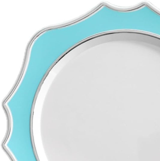" OCCASIONS " 20 Pieces 13.25'' Scalloped Disposable/Reusable Plastic Charger Plates for Wedding, (Scalloped Imperial Turquoise Blue/Green & Silver)