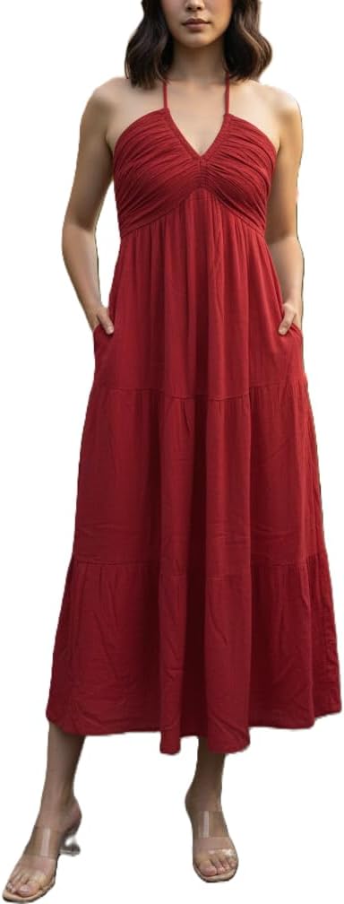 Women's Casual Halter Tiered Vacation Maxi Dress with Pockets