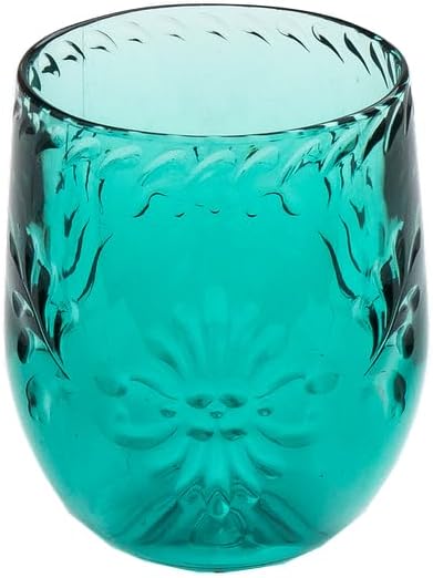 Talavera Premium Acrylic Drinkware Indoor/Outdoor Stemless Wine/Tumbler, Teal, 13.3oz, Set of 6