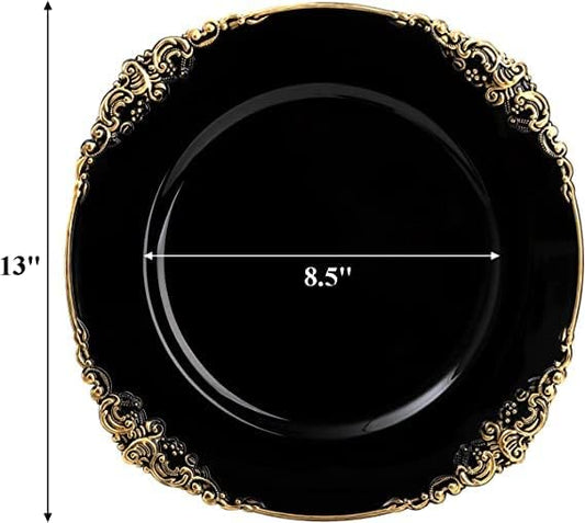 Okllen 12 Pack Plastic Round Charger Plates, 13" Dinner Charger Dessert Plates with Gold Rim, Vintage Charger Serving Plates for Catering, Wedding, Tabletop Decor, Black, Floral Trim