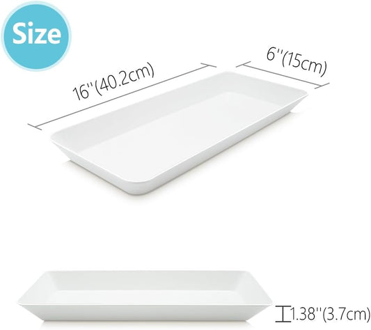 Serving Tray Platter Rectangle, 4 Pcs Long Narrow Food Tray for Veggie Fruit Snack Dessert, Plastic White Food Trays for Party Supplies Display, Rectangular Platters for Serving Food, BPA Free