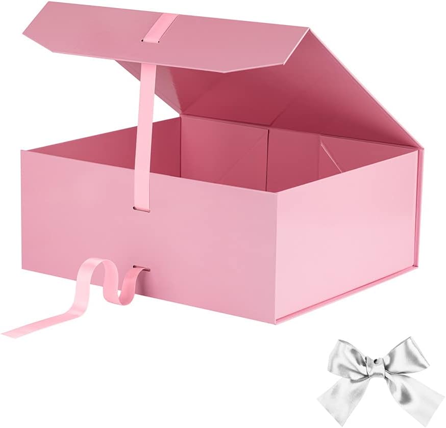 Pink Collapsible Rectangle Gift Box - 13x11x5.3 Inches, Magnetic Lid Closure, Ribbon, Perfect for Men's Shoes or Christmas Gifts