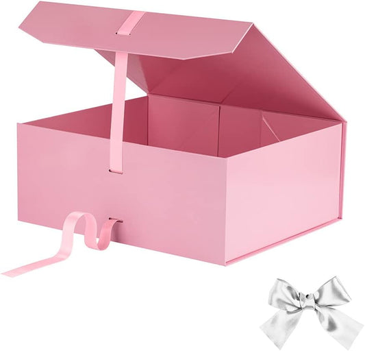 Pink Collapsible Rectangle Gift Box - 13x11x5.3 Inches, Magnetic Lid Closure, Ribbon, Perfect for Men's Shoes or Christmas Gifts