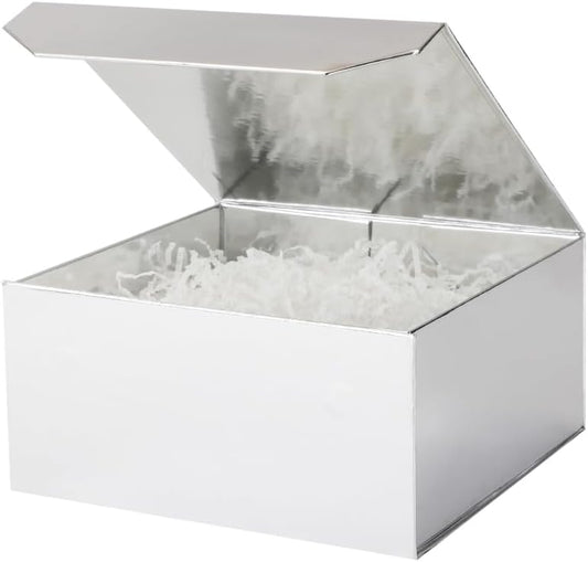 1 Pcs 6x6x3 Inch Silver Magnetic Gift Box with Crinkle Paper Silver Small Gift Box with Shredded Paper Luxury Gift Boxes with Lids for Presents