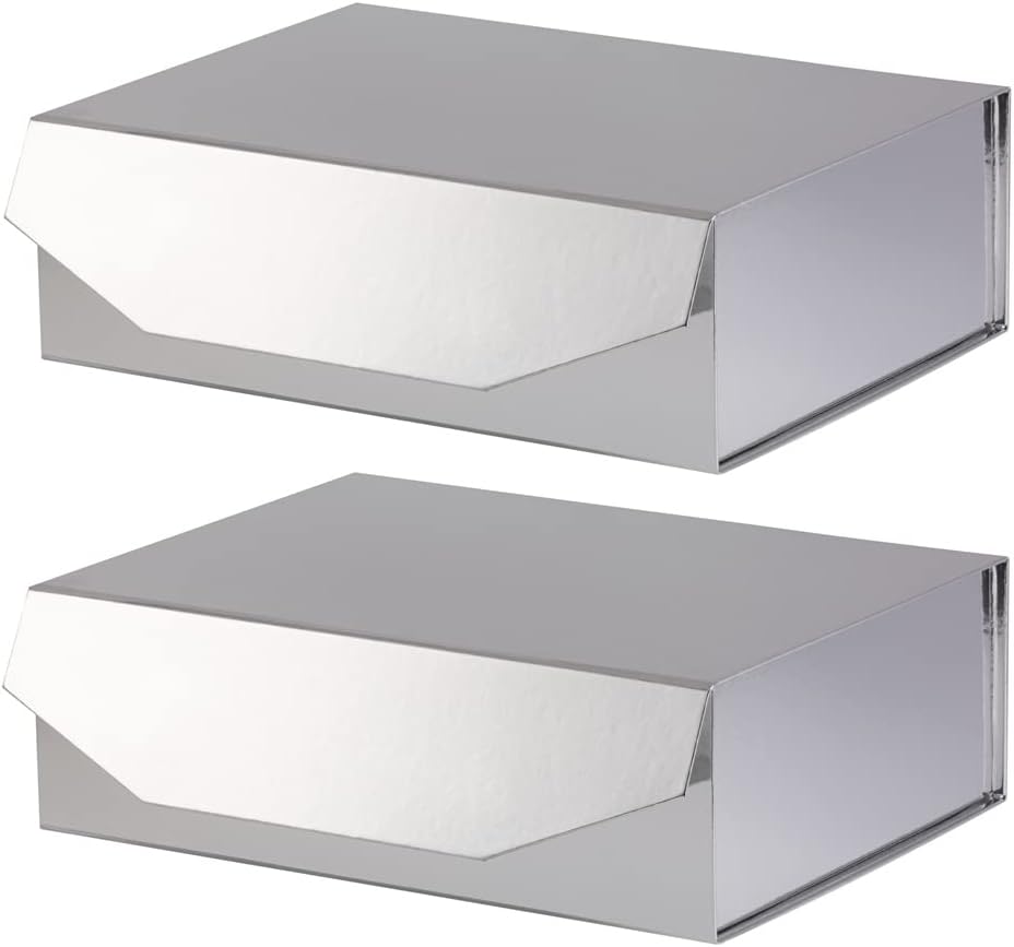 2 Silver Large Gift Box with Lid 13x9x4 Inches, Bridesmaid Proposal Box, Groomsman Box Reusable Gift Box for Clothes (Glossy Silver),1 Count (Pack of 2)