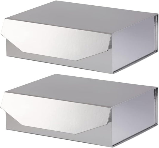 2 Silver Large Gift Box with Lid 13x9x4 Inches, Bridesmaid Proposal Box, Groomsman Box Reusable Gift Box for Clothes (Glossy Silver),1 Count (Pack of 2)
