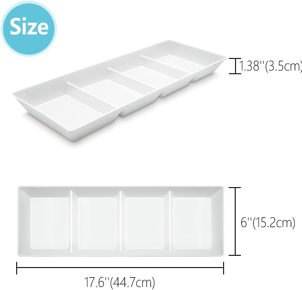 Divided Serving Tray Platter, 3 Pack 17.6" x 6" Fruit Veggie Food Tray for Party, Plastic Serving Trays for Appetizer, Snack, Dessert, Cookie, Brunch Decorations Platters, White Trays BPA-Free
