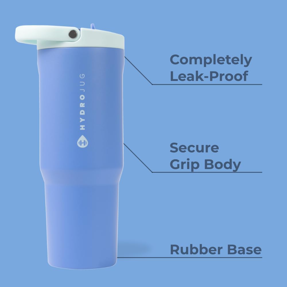 HydroJug Sport - Stainless Steel Tumbler with Straw, Vacuum Insulated, 32oz Leakproof Water Bottle, Ergonomic Design, Reusable, Dishwasher Safe, Rubber Base, Durable for Gym or Outdoors, Riptide