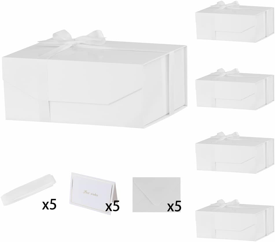 5PCS White Gift Box with Ribbon 9.5x7x4 Inches，Sturdy Gift Box with Lid for Gift Packaging, Foldable Magnetic Closure Storage Boxes, Bridesmaid proposal box, Rectangle Collapsible Box