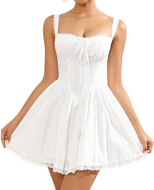 Womens Summer Mini Dress Square Neck Tie Front Lace Spliced Ruched Backless Casual Party Graduation Short Bodycon Dresses