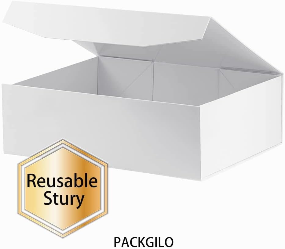 White Extra Large Gift Box with Lid 2 Pcs 16.5 x 13 x 5.3 Inches, Gift Box large White Gift Boxes for Presents Clothes Robe Wedding Dress Sweater,Reusable Foldable Bridesmaid Proposal Box（Glossy）