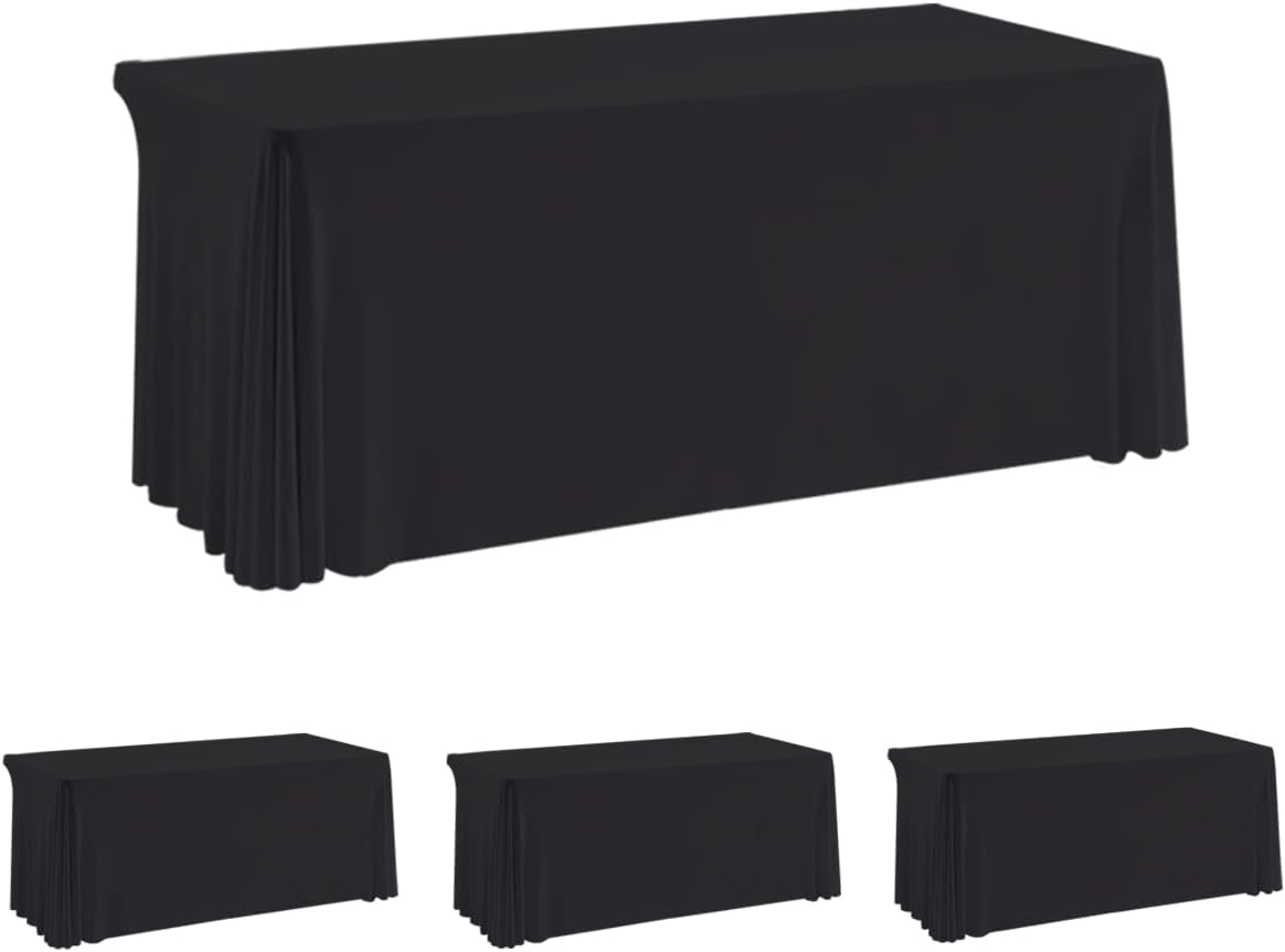 HAORUI Open Back Table Skirts, 4Pack Rectangle Wrinkle Resistant Table Clothes, Ruffles Elastic Table Cover for Banquets, Weddings, Parties (6ft Black)