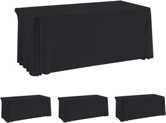 HAORUI Open Back Table Skirts, 4Pack Rectangle Wrinkle Resistant Table Clothes, Ruffles Elastic Table Cover for Banquets, Weddings, Parties (6ft Black)