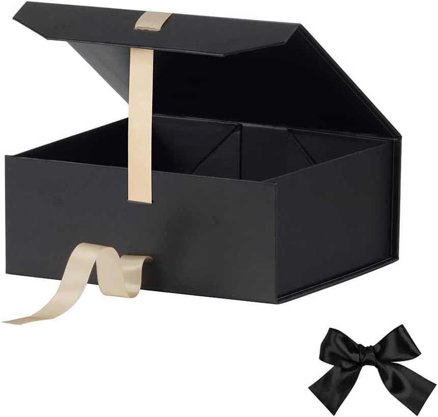 Black Gift Boxes with Lid 8x7x3.3 Inches, Luxury Gift Boxes with Ribbon, Gift Boxes with Lids, Magnetic Closure, Groomsman Boxes, Small Gift Boxes for Gifts Packaging, Brithday (Matte Black)