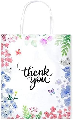 Purple Q Crafts Thank You Gift Bags 50 Pack 8" X 4" X 10" Small Paper Bags With Handles Floral Design Thank You Bags For Business, Boutique, Gifts, Wedding Favors…