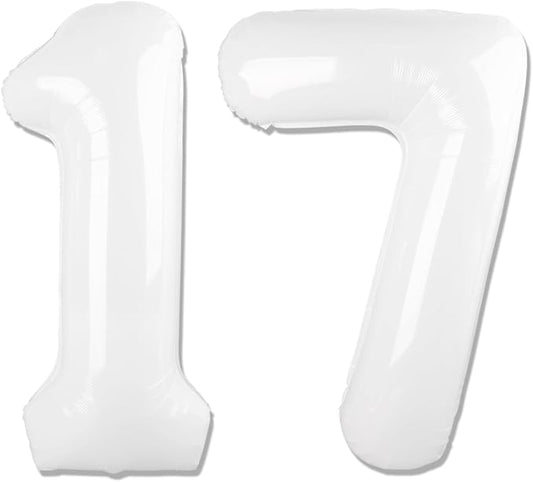White Number 17 Balloon 40 inch, 17 Number Balloons, 17th White Birthday Decorations for Girls Boys 17 Year Old Party Supplies
