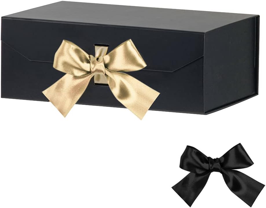 Black Gift Boxes - 12x8x4.5 Inches, Large Collapsible Rectangle Gift Boxes with Ribbon, Magnetic Lid Closure for Birthday, Christmas, Women's Shoes (Matte Black)