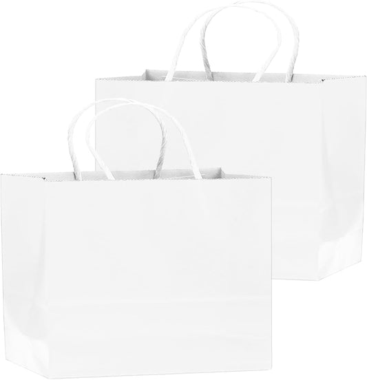 qiqee 50-Packs White Paper Gift Bags with Handles Bulk 12.6"x4.3"x10" Wide Large Size Party Favor Bags Multiple Uses