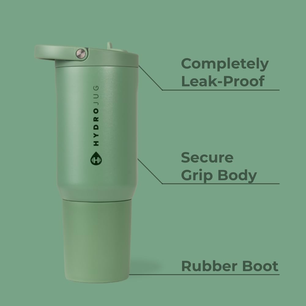 HydroJug Sport - Stainless Steel Tumbler with Straw, Vacuum Insulated, 20oz Leakproof Water Bottle, Ergonomic Design, Reusable, Dishwasher Safe, Rubber Base, Durable for Gym or Outdoors, Sage