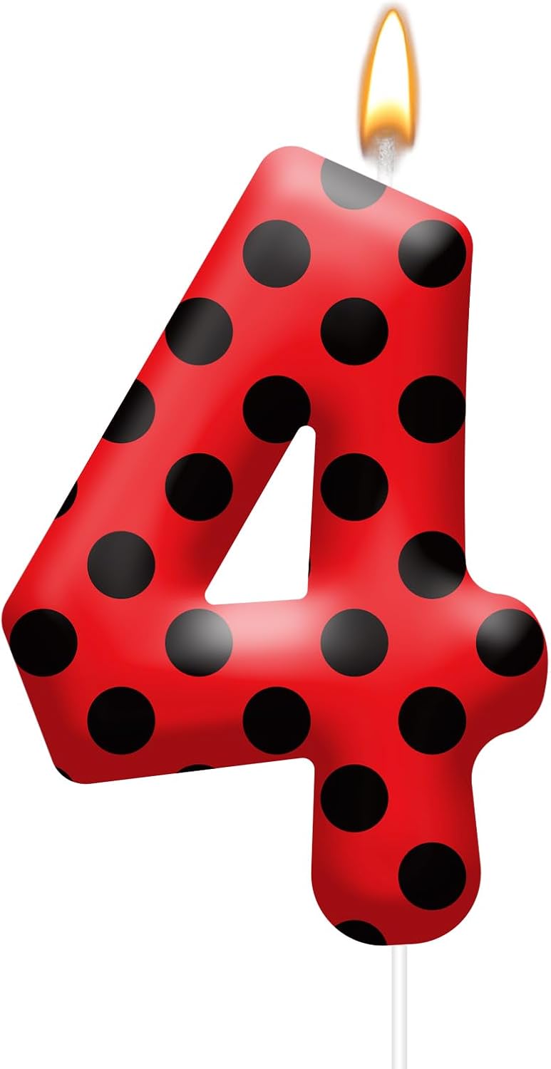Ladybug Theme Birthday Candles - Red & Black Polka Dot Decorative Candles for Kids Ladybug Themed Parties, Baby Showers, Birthday Cakes, and Ladybird Inspired Celebrations(Number 4)