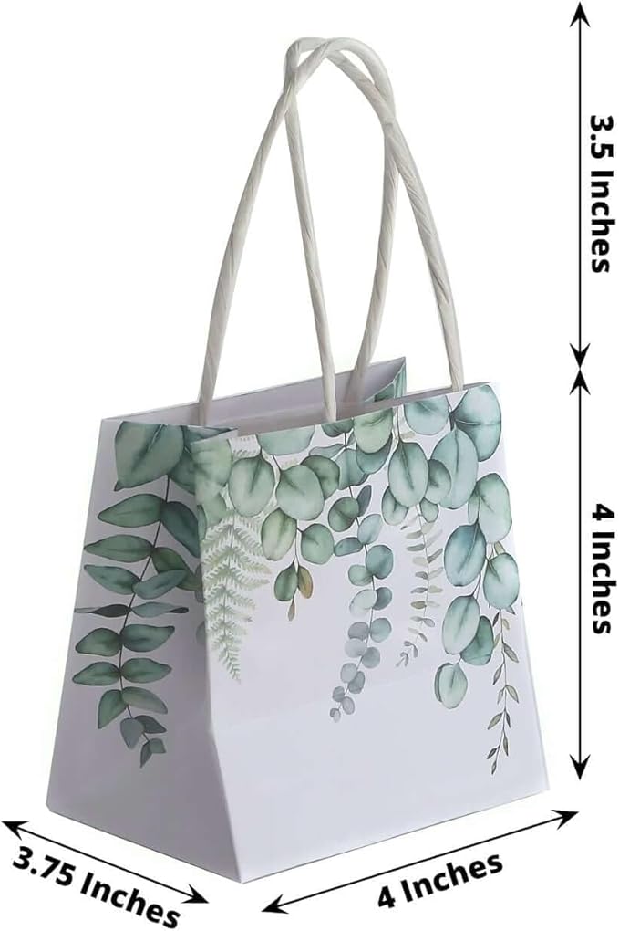 Efavormart 12 Pack 4"x4" Green Eucalyptus Paper Gift Bags with Handles - Small Botanical Favor Goodie Bags for Boho Wedding and Baby Shower