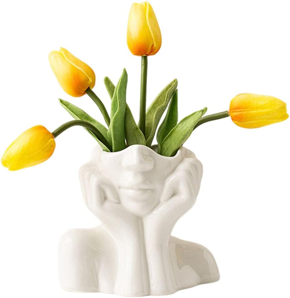 White Ceramic Face Vase, Female Form Head Half Body Bust Vases Boho Feminist Minimalism Decorative Modern Nordic Style Flower Vase for Home Living Room Office Book Shelf Decor (Large)