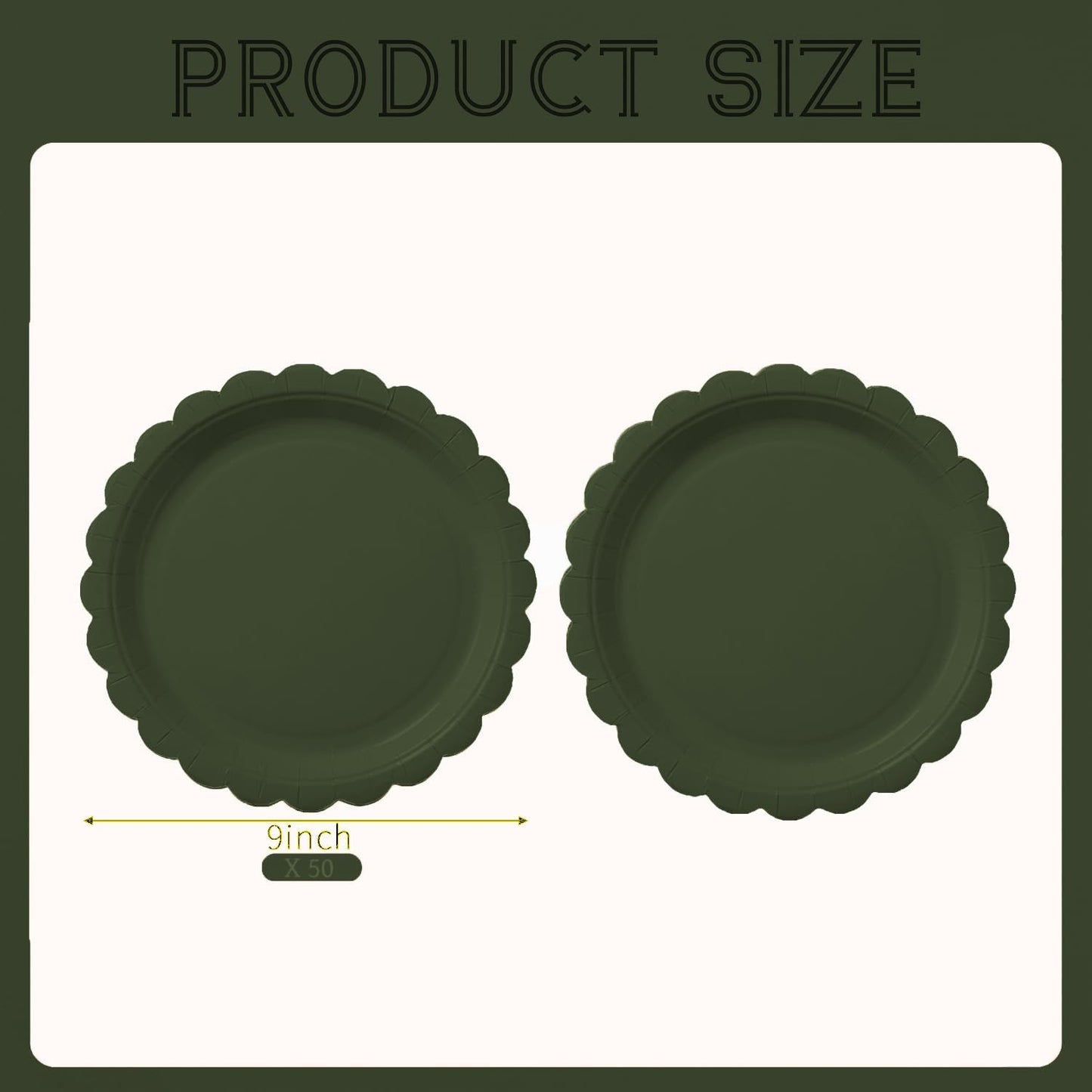 BEFORYOU 50PCS Scalloped Disposable Paper Plates 9IN Dessert Cake Party Plates for Baby Shower, Wedding,Bridal Shower Birthday Party Supplies (Olive-Green, 9IN)