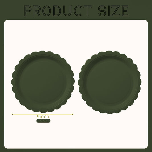 BEFORYOU 50PCS Scalloped Disposable Paper Plates 9IN Dessert Cake Party Plates for Baby Shower, Wedding,Bridal Shower Birthday Party Supplies (Olive-Green, 9IN)