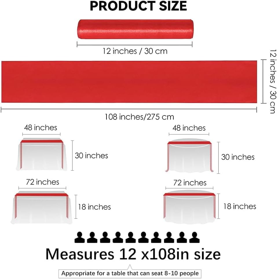 12 Pack Satin Table Runner 12 x 108 Inch Long Satin Table Runners for Wedding Banquet Graduations Birthday Party Decoration (Red)