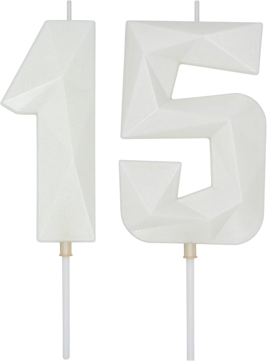 DERVENTA Large Birthday Candle Number 3D White 3.7 inch Party Celebration Anniversary Decoration Cake Topper 1 Piece (Number 15 White)