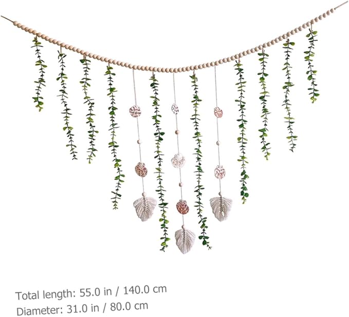 Nordic Style Wooden Bead Garland with Simulated Eucalyptus Leaves and Shells Lightweight Hanging Wall Decor for Bedroom Window Shelf Festive Photo Prop and Home Decoration