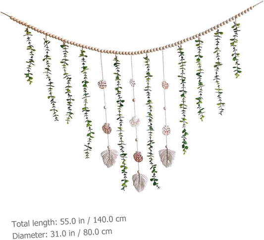 Nordic Style Wooden Bead Garland with Simulated Eucalyptus Leaves and Shells Lightweight Hanging Wall Decor for Bedroom Window Shelf Festive Photo Prop and Home Decoration