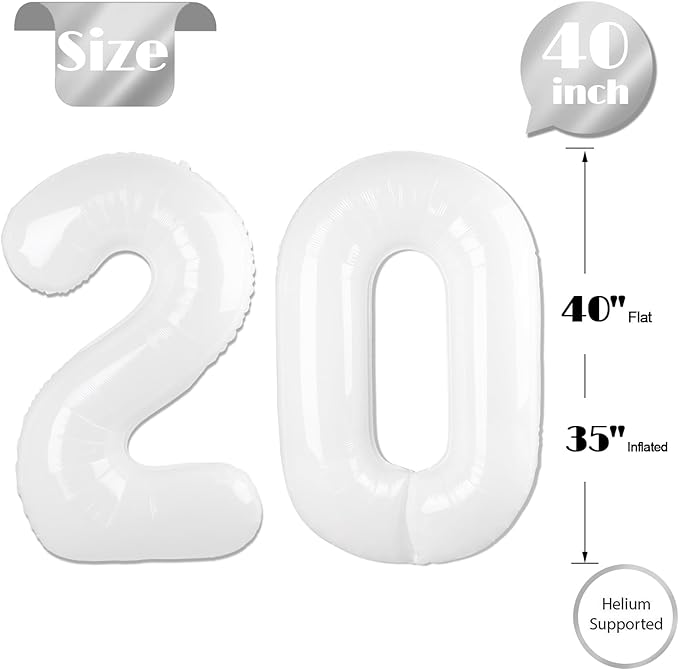 White Number 20 Balloon 40 inch, 20 Number Balloons, 20th White Birthday Decorations for Girls Boys 20 Year Old Party Supplies