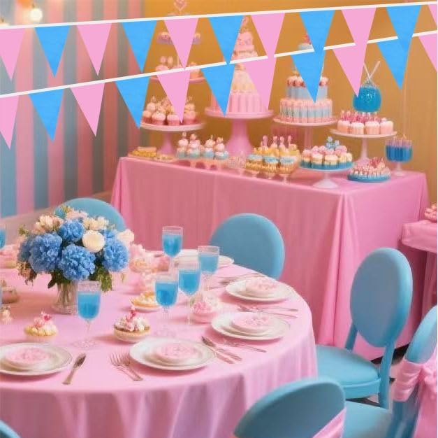Pink and Blue Pennant Banner Flags Garland Streamers Party Decorations for Boy or Girl Birthday Wedding Classroom 60Feet 40Flags