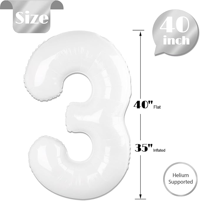 White 3 Balloon, Translucent Number Balloons 40 Inch, 3rd Birthday Decorations for Kids Girls Boys, Men Women White Party Supplies for Party Decorations, Number 3 Balloon