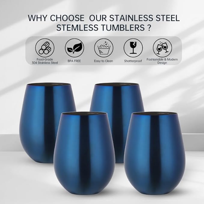 Buyer Star 304 Stainless Steel Wine Glasses Set of 4 - Large 17 oz Outdoor Stemless Wine Tumblers - 100% Unbreakable & Stemless Metal Drinking Cups for Home and Outdoors Dishwasher safe (Blue)