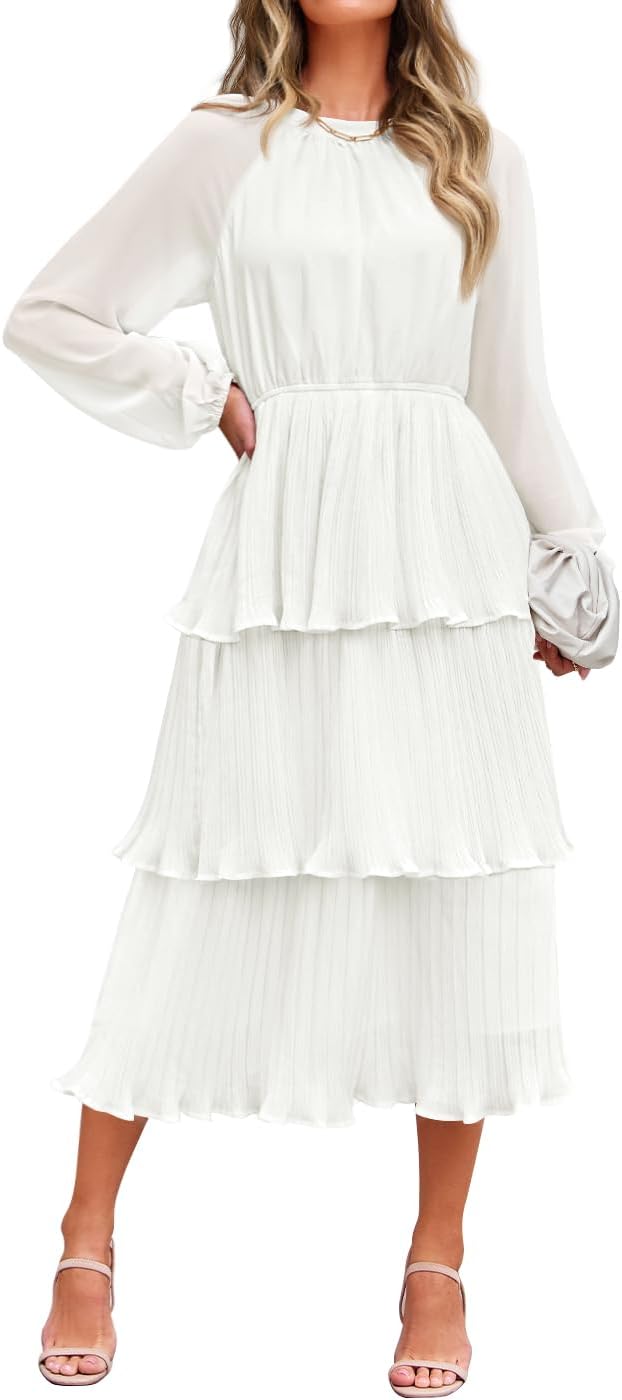ZESICA Women's 2025 Long Sleeve Crew Neck Ruffle Tiered Layered Chiffon Flowy Swing Long Midi Dress