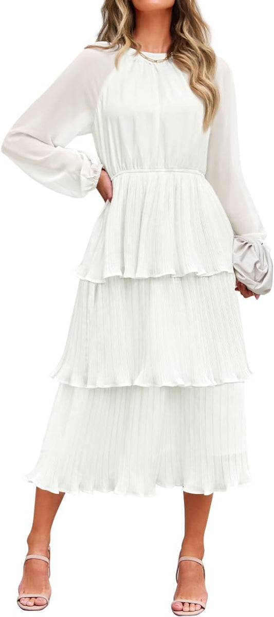 ZESICA Women's 2025 Long Sleeve Crew Neck Ruffle Tiered Layered Chiffon Flowy Swing Long Midi Dress