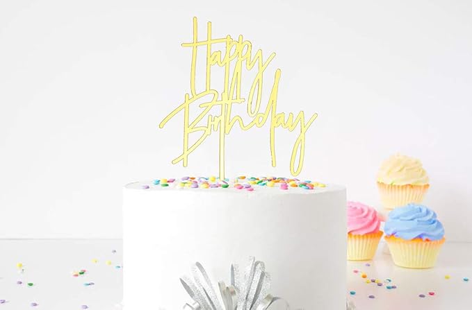 Happy Birthday Cake Topper, Acrylic Birthday Party Decorations Celebrations, Mirror Gold