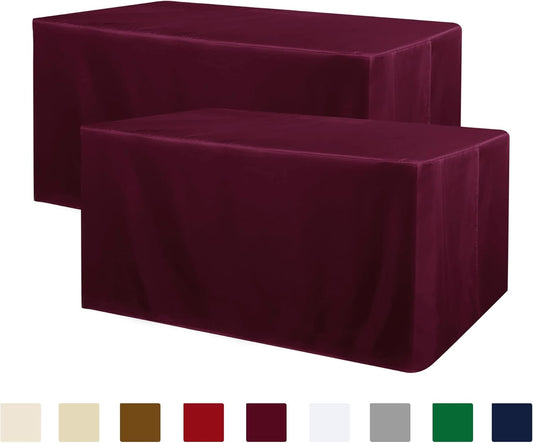 Obstal 2 Pack Fitted Table Covers for 8 Foot Tables - Water Resistant Washable Fabric Polyester Rectangle Table Cover Protector for Wedding, Banquet and Trade Shows, 96L x 30W Inches, Burgundy