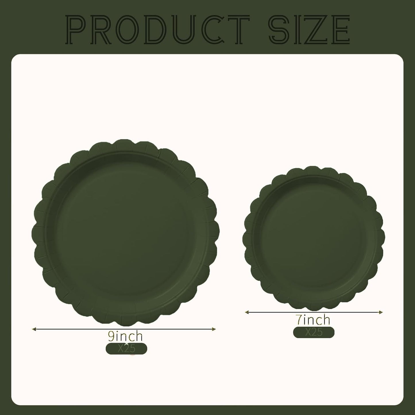 BEFORYOU 50PCS Scalloped Disposable Paper Plates 9IN Dessert Cake Party Plates for Baby Shower, Wedding,Bridal Shower Birthday Party Supplies (Olive-Green, 7IN and 9IN)