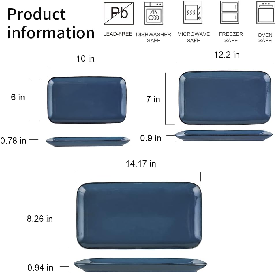 KOOV Rectangular Serving Tray, 14/12/10 Inch Large Serving Platter, Crockery Serving Plates with 3 Sizes, Ceramic Serving Dishes for Party, Food, Appetizers, Set of 3, Blue