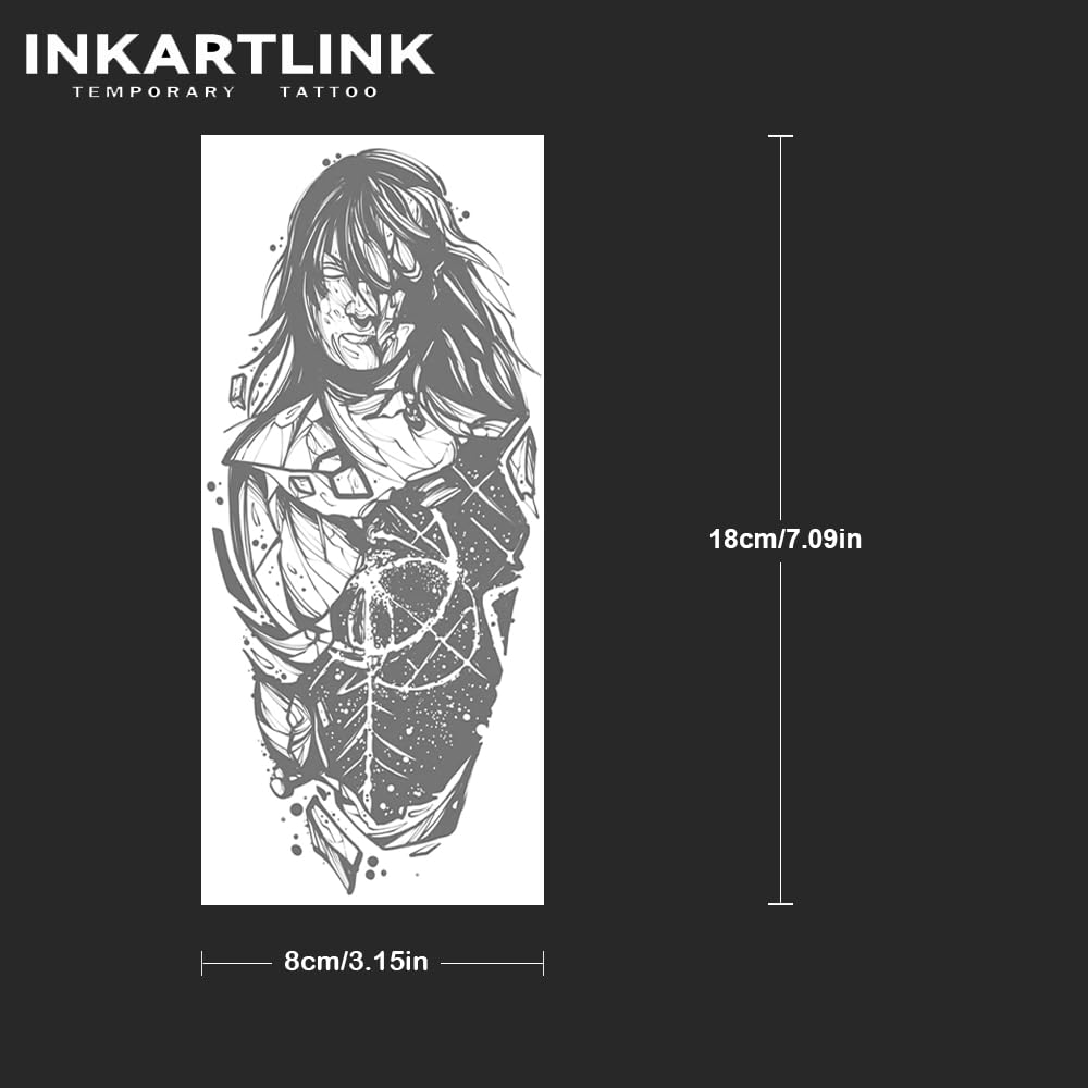 INKARTLINK Tattoo Tech, 2 Sheets Medium Semi Permanent Tattoo, Adult Art Design Temporary Tattoos, Lasts 1-2 Weeks, Waterproof, Realistic Look, No Reflection (warrior)