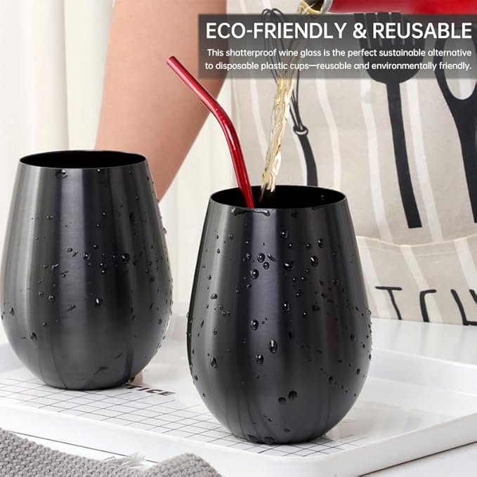 Buyer Star 304 Stainless Steel Wine Glasses Set of 4 - Large 17 oz Outdoor Stemless Wine Tumblers - 100% Unbreakable & Stemless Metal Drinking Cups for Home and Outdoors Dishwasher safe (Black)
