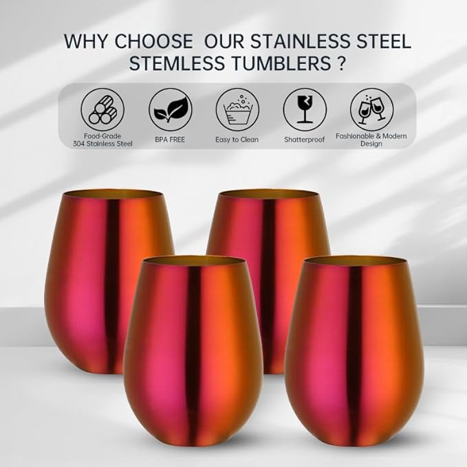 Buyer Star 304 Stainless Steel Wine Glasses Set of 2 - Large 17 oz Outdoor Stemless Wine Tumblers - 100% Unbreakable & Stemless Metal Drinking Cups for Home and Outdoors Dishwasher safe (Orange Red)