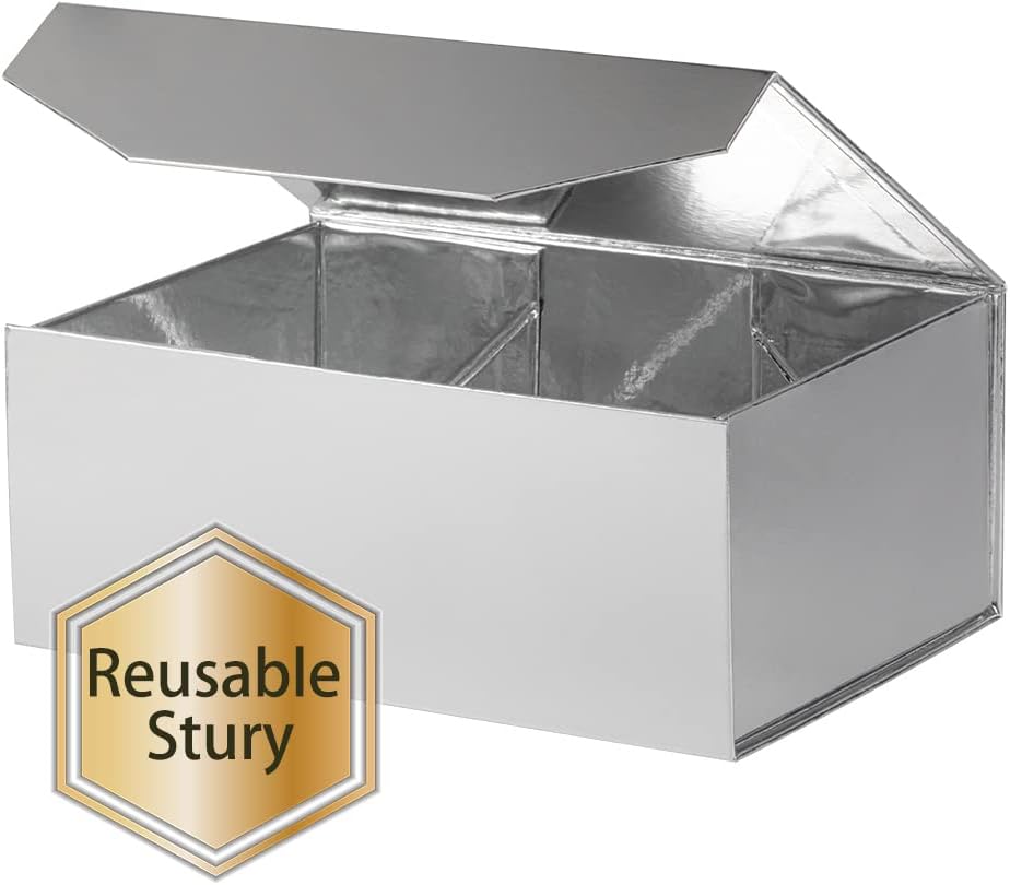 1PCS Silver Gift Box 9.5x7x4 Inches, Sturdy Gift Box with Lid for Gift Packaging, Foldable Magnetic Closure Storage Boxes, Bridesmaid proposal box, Rectangle Collapsible Box
