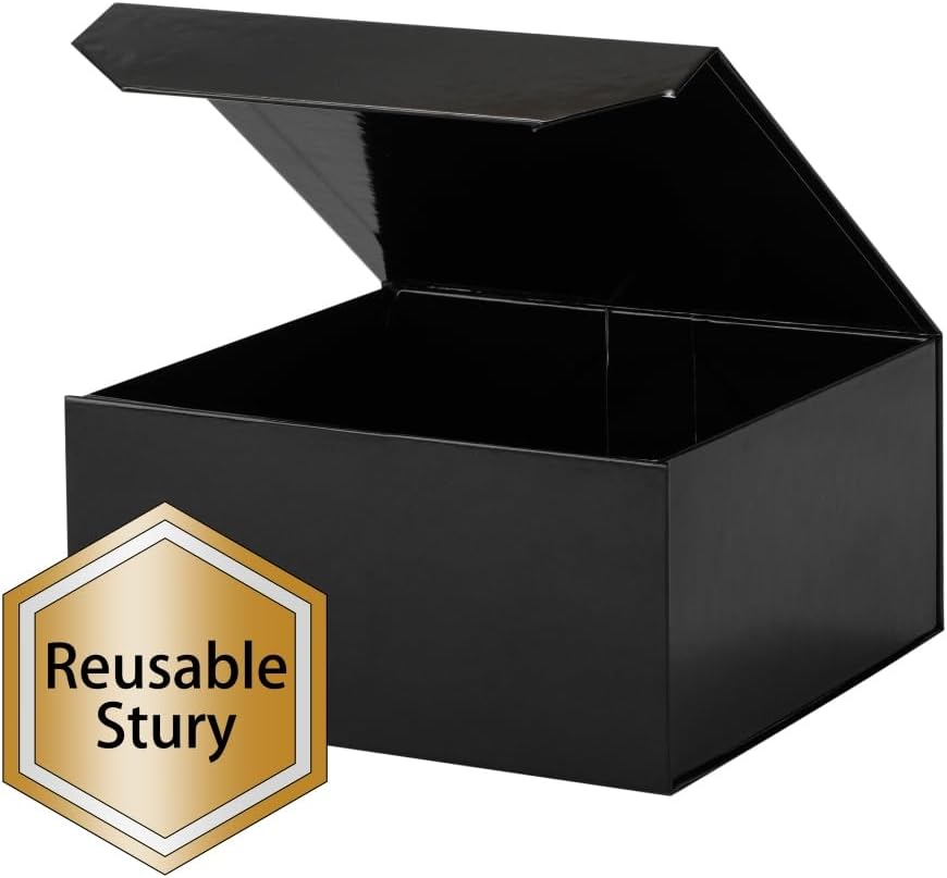 1 Pcs Small Black Gift Box 8x8x4 Inch Magnetic Gift Box with Crinkle Paper Luxury Gift Boxes with Lids for Presents