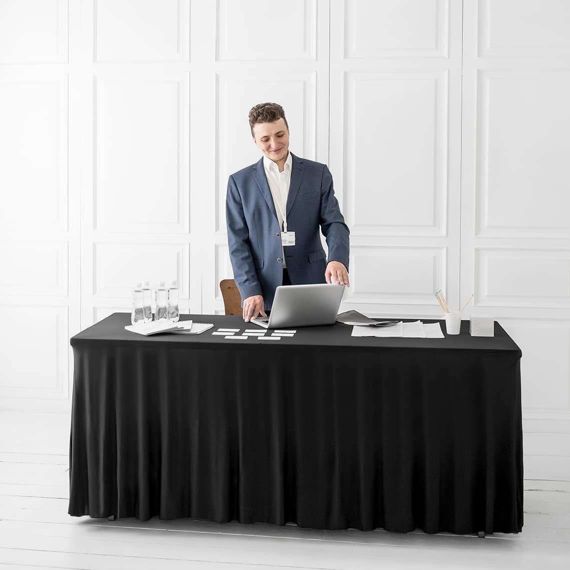 Your Magic Moment Black Tablecloth 4 PC Set 6 FT Rectangle Table Cover Set for 6 Foot Tables Black Spandex Table Skirts Party Anniversary Catering