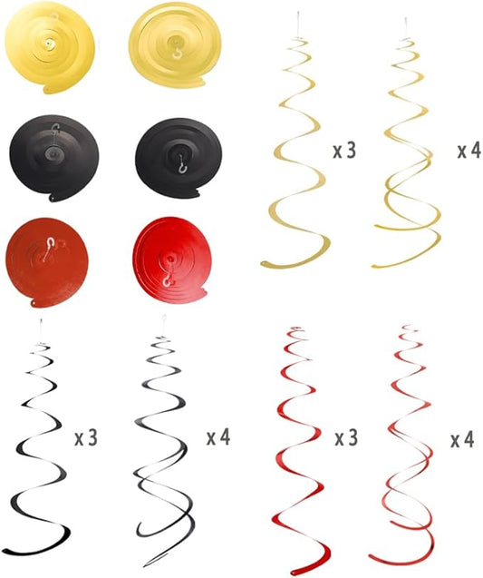 MOWO Gold Black and Red Foil Swirl Hanging Decoration Streamer for Birthday Graduation Retirement New Year Valentine's Day Theme Party, Pack of 21